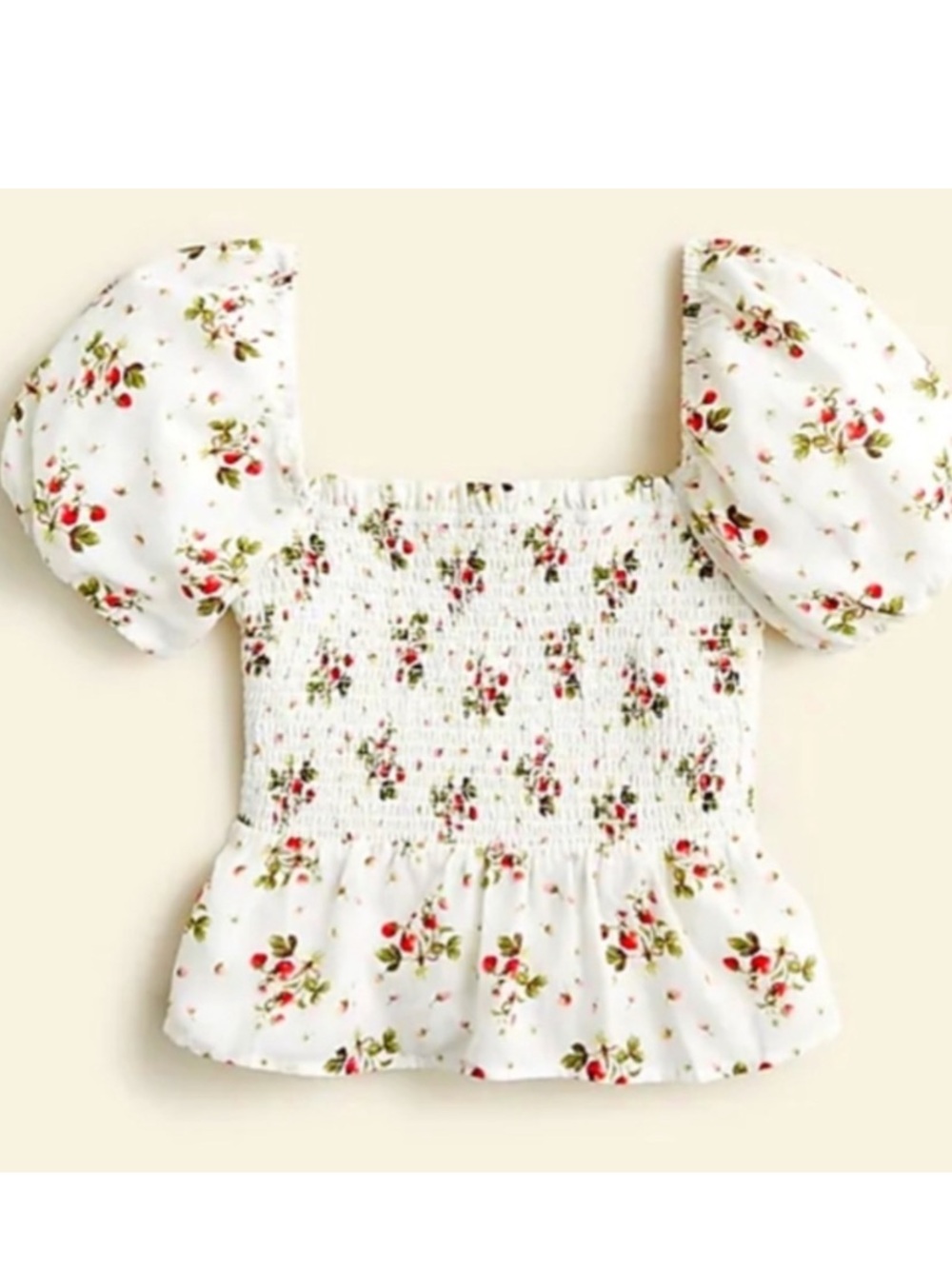 NWT J. Crew Puff Sleeve Smocked Bodice Cropped Baby Doll Top Strawberry Print S